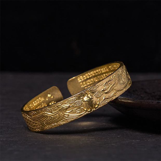 FREE Today: Luck Protection Dragon And Phoenix Playing With A Pearl Heart Sutra Carved Copper Brass Bracelet Bangle