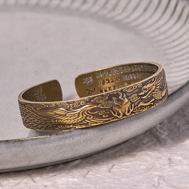 FREE Today: Luck Protection Dragon And Phoenix Playing With A Pearl Heart Sutra Carved Copper Brass Bracelet Bangle