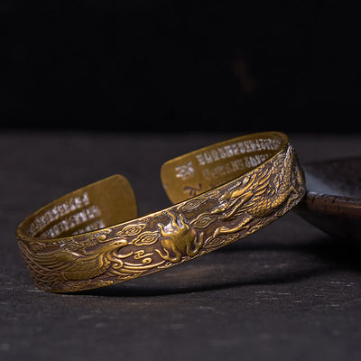 Buddha Stones Dragon And Phoenix Playing With A Pearl Heart Sutra Carved Copper Brass Luck Bracelet Bangle