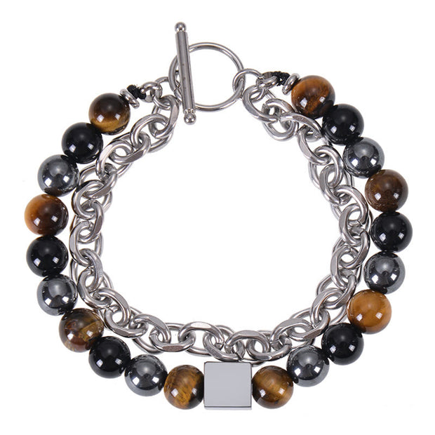 Buddha Stones Colorful Tiger Eye Frosted Stone Black Magnetite Titanium Steel Double Wrap Protection Bracelet Bracelet BS Tiger Eye&Black Obsidian&Black Magnetite(Wrist Circumference: 15-20cm)