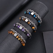 FREE Today: Protection Strength Colorful Tiger Eye Frosted Stone Black Magnetite Titanium Steel Double Wrap Bracelet