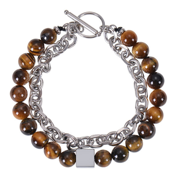 FREE Today: Protection Strength Colorful Tiger Eye Frosted Stone Black Magnetite Titanium Steel Double Wrap Bracelet