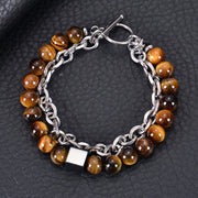 Buddha Stones Colorful Tiger Eye Frosted Stone Black Magnetite Titanium Steel Double Wrap Protection Bracelet Bracelet BS Tiger Eye(Wrist Circumference: 15-20cm)