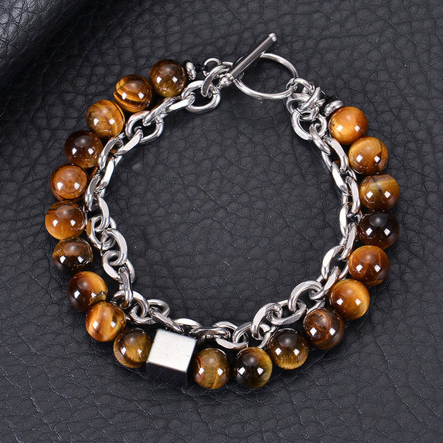 FREE Today: Protection Strength Colorful Tiger Eye Frosted Stone Black Magnetite Titanium Steel Double Wrap Bracelet