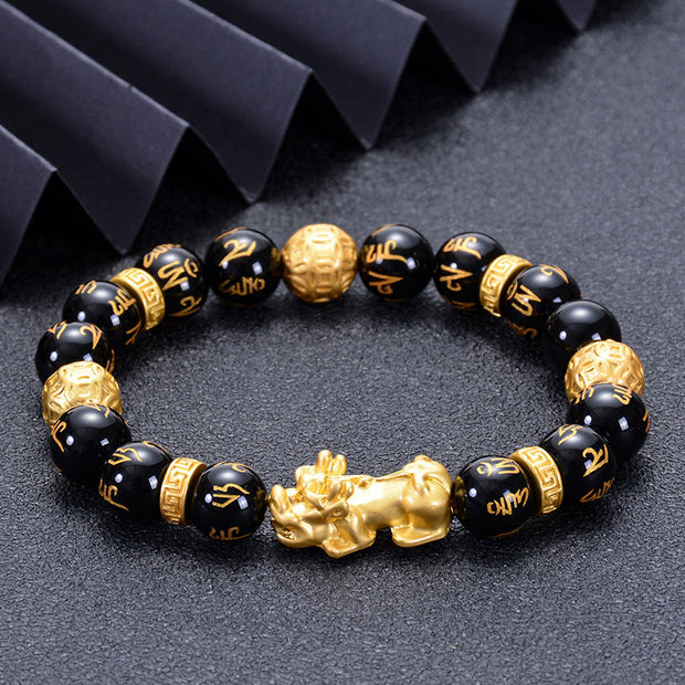 Buddha Stones Black Obsidian Black Onyx Alloy PiXiu Om Mani Padme Hum Strength Bracelet Bracelet BS 1