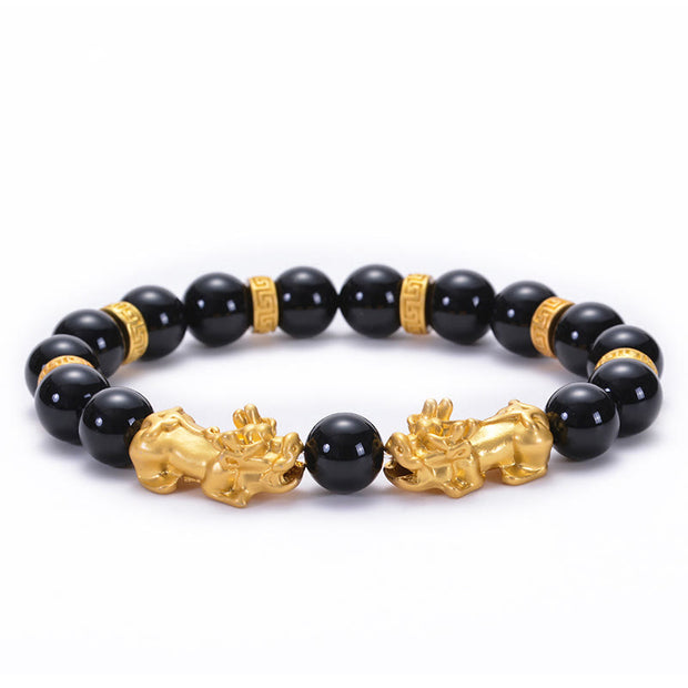 FREE Today: Transformation Fulfilment Black Obsidian Black Onyx Golden Alloy Two PiXiu Om Mani Padme Hum Bracelet