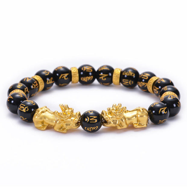 Buddha Stones Black Obsidian Black Onyx Golden Alloy Two PiXiu Om Mani Padme Hum Strength Bracelet Bracelet BS Black Obsidian Om Mani Padme Hum Alloy PiXiu(Circumference: 16.7-21.6cm)