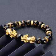 Buddha Stones Black Obsidian Black Onyx Golden Alloy Two PiXiu Om Mani Padme Hum Strength Bracelet Bracelet BS 2