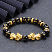 Buddha Stones Black Obsidian Black Onyx Golden Alloy Two PiXiu Om Mani Padme Hum Strength Bracelet Bracelet BS 1