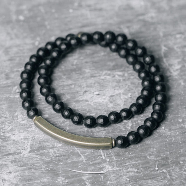 Buddha Stones Frosted Cut Surface Black Onyx Copper Brass Double Wrap Protection Bracelet Bracelet BS Black Onyx Brass(Wrist Circumference: 17-17.6cm)