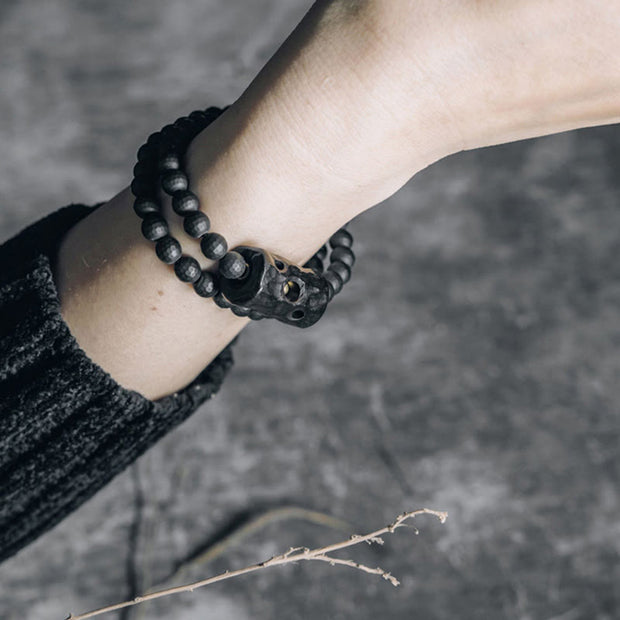 Buddha Stones Frosted Cut Surface Black Onyx Ebony Double Wrap Protection Bracelet