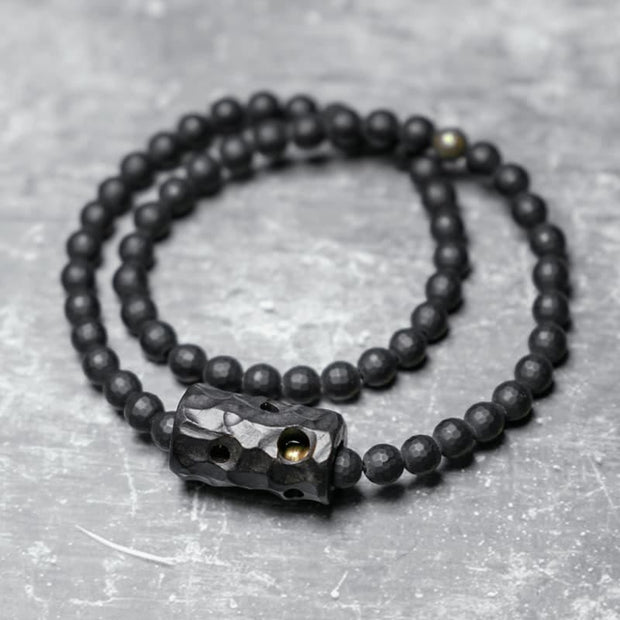 Buddha Stones Frosted Cut Surface Black Onyx Ebony Double Wrap Protection Bracelet Bracelet BS Black Onyx Ebony(Wrist Circumference: 17-17.6cm)