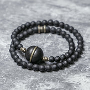 Buddha Stones Frosted Cut Surface Black Onyx Ebony Beads Double Wrap Protection Bracelet Bracelet BS Black Onyx Ebony(Wrist Circumference: 17-17.6cm)