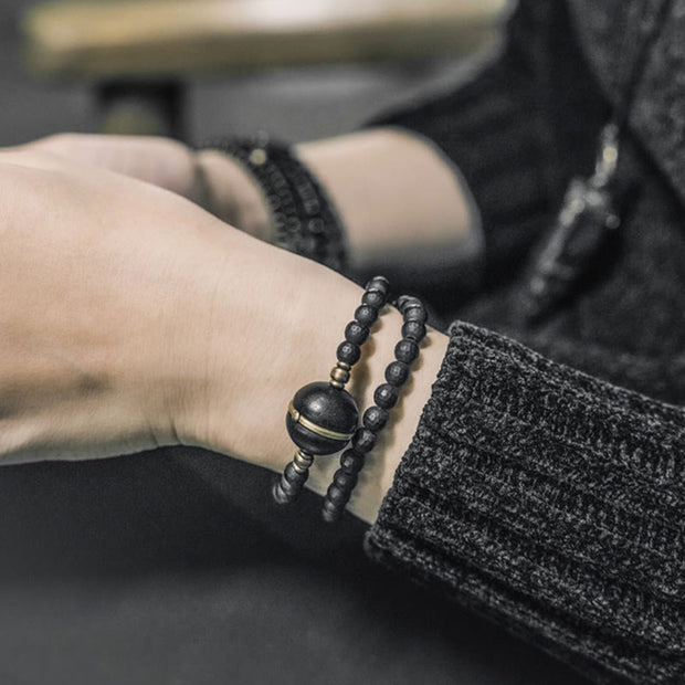 Buddha Stones Frosted Cut Surface Black Onyx Ebony Beads Double Wrap Protection Bracelet