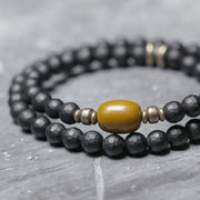 Buddha Stones Frosted Cut Surface Black Onyx Topaz Beads Double Wrap Protection Bracelet