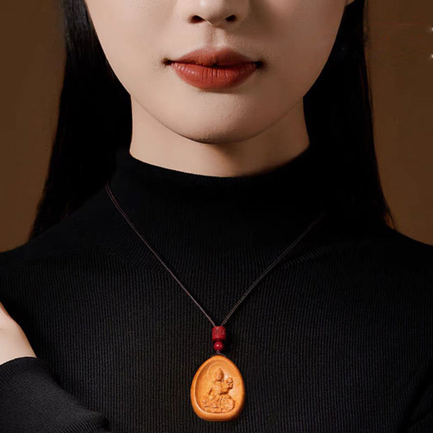 Buddha Stones Peach Wood Cinnabar Om Mani Padme Hum Chinese Zodiac Black String Necklace Pendants Necklaces & Pendants BS 16