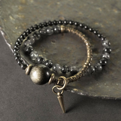 Buddha Stones Gold Sheen Obsidian Black Rutilated Quartz Copper Brass Double Wrap Protection Bracelet Bracelet BS Gold Sheen Obsidian Black Rutilated Quartz Brass(Wrist Circumference: 17-17.5cm)