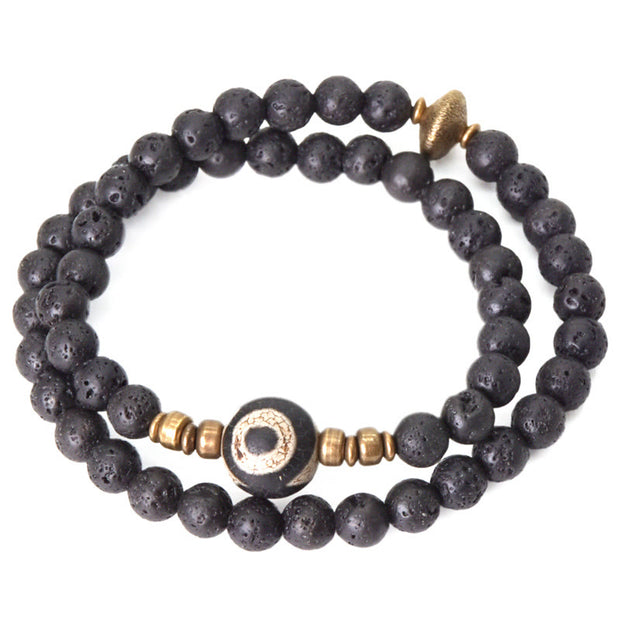 Buddha Stones Vintage Lava Rock Three-eyed Dzi Bead Copper Brass Beads Double Wrap Healing Bracelet