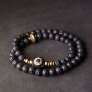 Buddha Stones Vintage Lava Rock Three-eyed Dzi Bead Copper Brass Beads Double Wrap Healing Bracelet Bracelet BS Lava Rock Three-eyed Dzi Bead Brass(Wrist Circumference:  17-17.6cm)