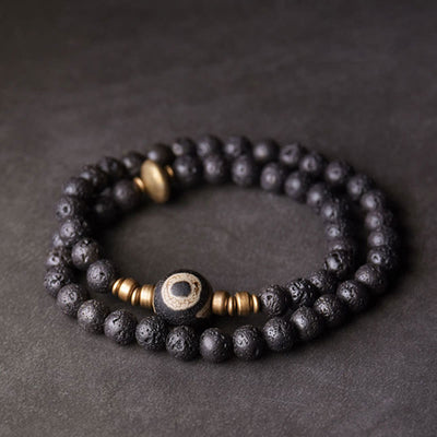 Buddha Stones Vintage Lava Rock Three-eyed Dzi Bead Copper Brass Beads Double Wrap Healing Bracelet