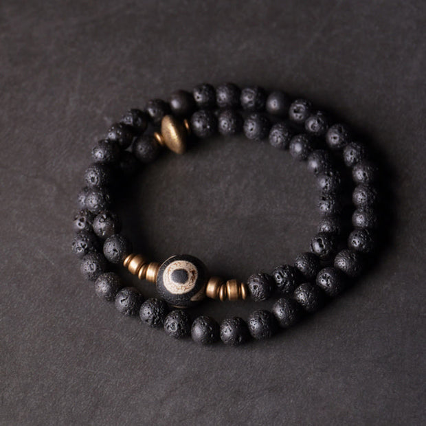 Buddha Stones Vintage Lava Rock Three-eyed Dzi Bead Copper Brass Beads Double Wrap Healing Bracelet Bracelet BS 2