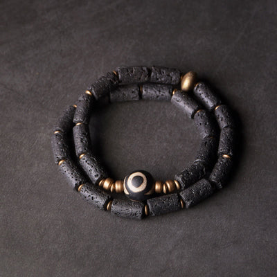 Buddha Stones Vintage Lava Rock Three-eyed Dzi Bead Copper Brass Multi-turn Wrap Calm Bracelet Bracelet BS Lava Rock Three-eyed Dzi Bead Brass(Wrist Circumference: 17-17.6cm)