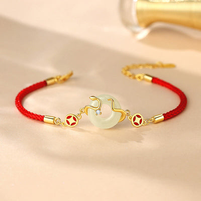 Buddha Stones Hetian Jade Chalcedony Peace Buckle Coin 925 Sterling Silver Year Of The Snake Red String Prosperity Bracelet Bracelet BS Hetian Jade 925 Sterling Silver Gold Snake(Length: 15+4cm)