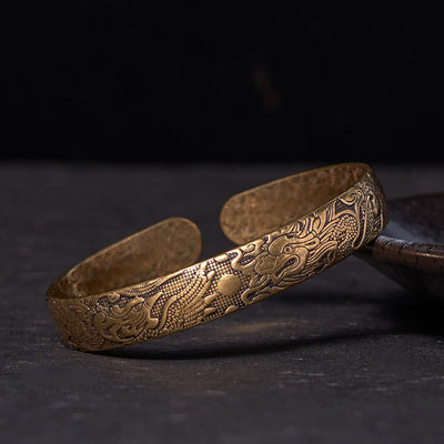 Buddha Stones Dragon And Phoenix Playing With A Pearl Carved Copper Brass Luck Protection Bracelet Bangle