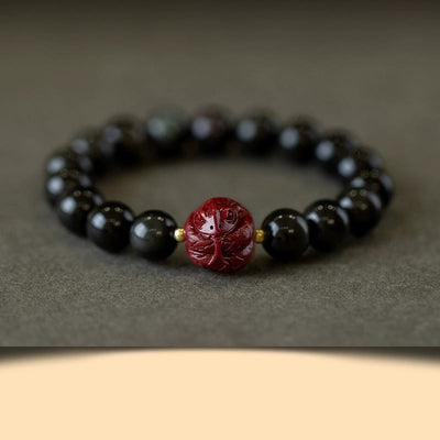 Buddha Stones Chinese Zodiac Natural Black Obsidian Cinnabar Purification Bracelet Bracelet BS 10mm Black Obsidian Cinnabar-Snake