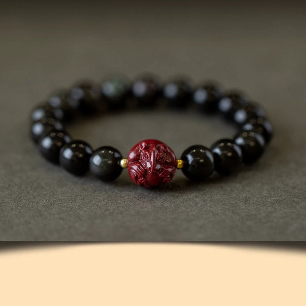 Buddha Stones Chinese Zodiac Natural Black Obsidian Cinnabar Purification Bracelet Bracelet BS 10mm Black Obsidian Cinnabar-Rat