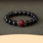 Buddha Stones Chinese Zodiac Natural Black Obsidian Cinnabar Purification Bracelet Bracelet BS 10mm Black Obsidian Cinnabar-Ox