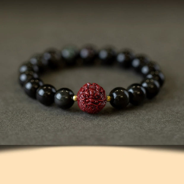 Buddha Stones Chinese Zodiac Natural Black Obsidian Cinnabar Purification Bracelet Bracelet BS 10mm Black Obsidian Cinnabar-Dragon