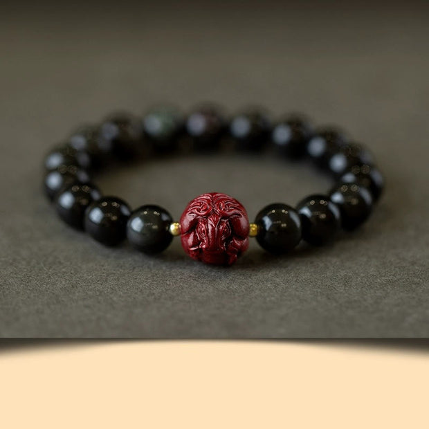 Buddha Stones Chinese Zodiac Natural Black Obsidian Cinnabar Purification Bracelet Bracelet BS 10mm Black Obsidian Cinnabar-Horse