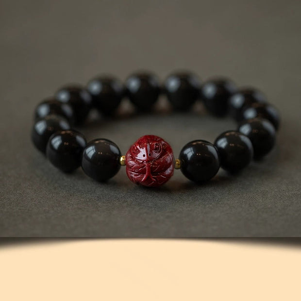 Buddha Stones Chinese Zodiac Natural Black Obsidian Cinnabar Purification Bracelet Bracelet BS 12mm Black Obsidian Cinnabar-Snake