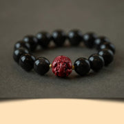 Buddha Stones Chinese Zodiac Natural Black Obsidian Cinnabar Purification Bracelet Bracelet BS 12mm Black Obsidian Cinnabar-Horse