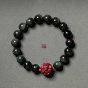 Buddha Stones Chinese Zodiac Natural Black Obsidian Cinnabar Purification Bracelet Bracelet BS 15