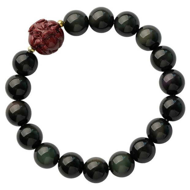 Buddha Stones Chinese Zodiac Natural Black Obsidian Cinnabar Purification Bracelet Bracelet BS 12