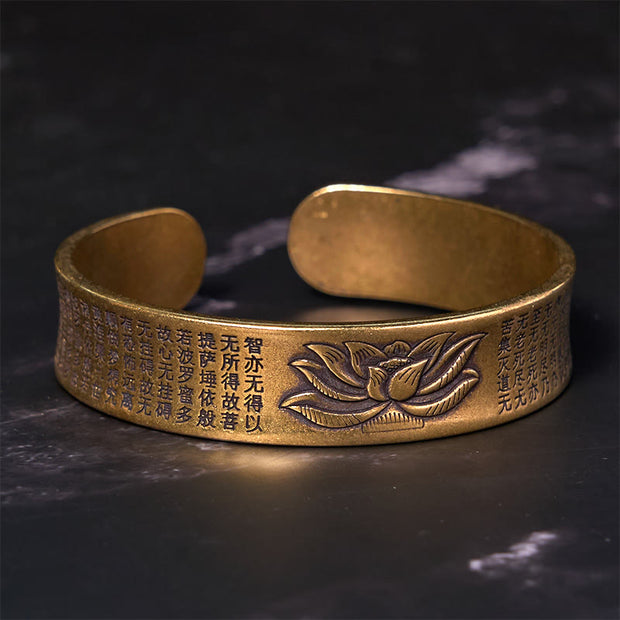 Buddha Stones Heart Sutra Lotus Flower Copper Brass Peace Cuff Bracelet Bangle