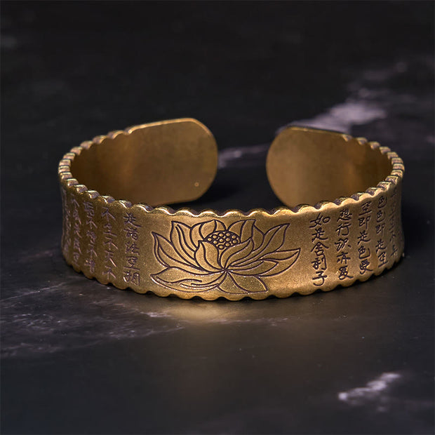 Buddha Stones Heart Sutra Lotus Flower Copper Brass Peace Enlightenment Cuff Bracelet Bangle