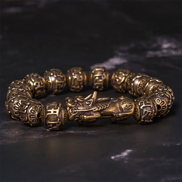 Buddha Stones Pi Xiu Carrying Fu Character Six True Words 'om Mani Padme Hum' Copper Brass Beads Wealth Bracelet Bangle