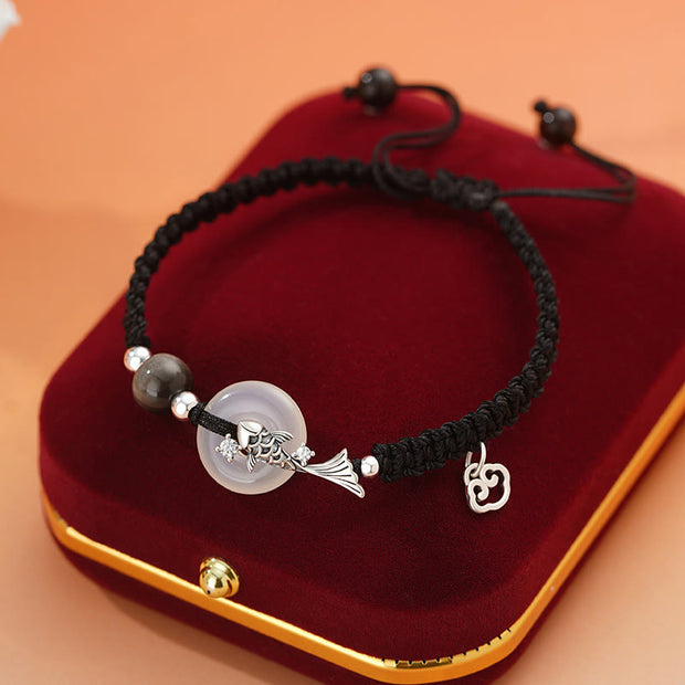 Buddha Stones Handmade Chalcedony Peace Buckle Koi Fish 925 Sterling Silver Braided String Positive Couple's Bracelet Bracelet BS Men-Chalcedony 925 Sterling Silver Koi Fish Black(Diameter: 12.8cm)