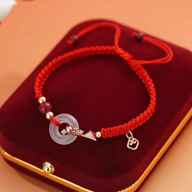 Buddha Stones Handmade Chalcedony Peace Buckle Koi Fish 925 Sterling Silver Braided String Positive Couple's Bracelet Bracelet BS Women-Chalcedony 925 Sterling Silver Rosegold Koi Fish Red(Diameter: 12.5cm)