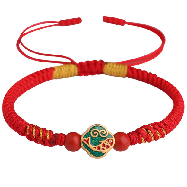 Buddha Stones Handmade Cinnabar Copper Brass Koi Fish Fu Braided String Blessing Bracelet