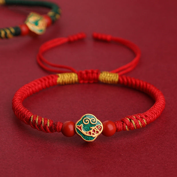 Buddha Stones Handmade Cinnabar Copper Brass Koi Fish Fu Braided String Blessing Bracelet