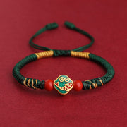 Buddha Stones Handmade Cinnabar Copper Brass Koi Fish Fu Braided String Blessing Bracelet