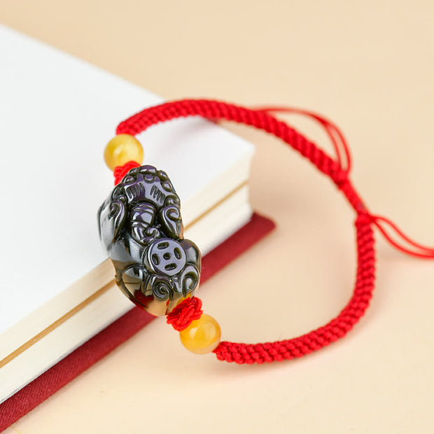 Buddha Stones Black Obsidian Fox Pi Xiu Laughing Buddha Fulfillment Rope Bracelet