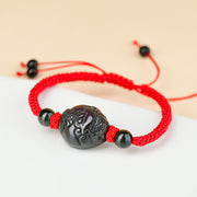 Buddha Stones Black Obsidian Fox Pi Xiu Laughing Buddha Fulfillment Rope Bracelet