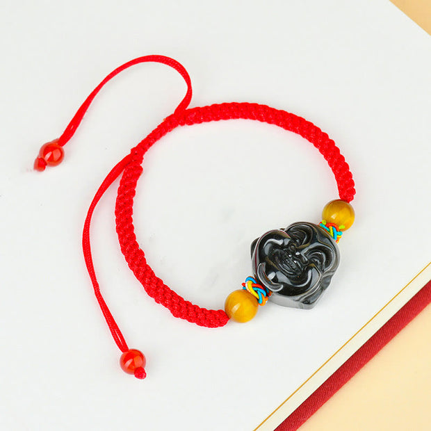 Buddha Stones Black Obsidian Fox Pi Xiu Laughing Buddha Fulfillment Rope Bracelet