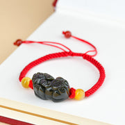 Buddha Stones Black Obsidian Fox Pi Xiu Laughing Buddha Fulfillment Rope Bracelet