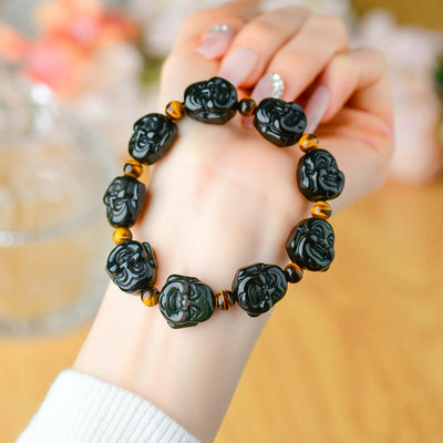 Buddha Stones Rainbow Obsidian Laughing Buddha Positive Transformation Bracelet